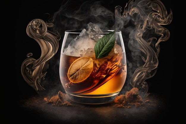 On a dark background a smoked old fashioned rum cocktail is seen