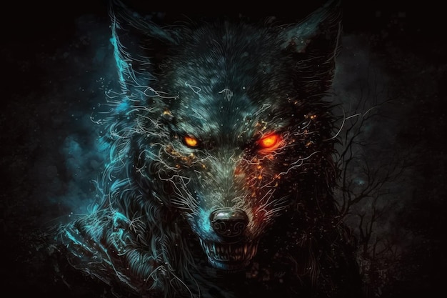 Dark background and sparkling eyes of a werewolf electronic painting