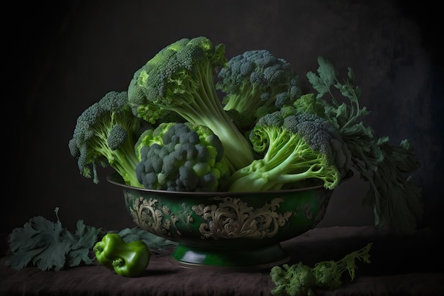 On a dark background there is a bowl of raw fresh broccoli