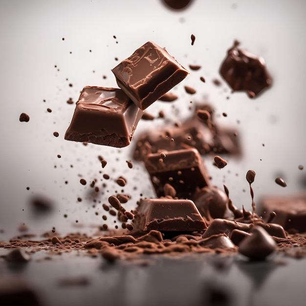 A dark background with a bunch of chocolate pieces falling in the air.