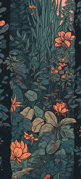 A dark background with a bunch of flowers and leaves.