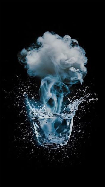 Photo a dark background with a cloud of smoke and a splash of water