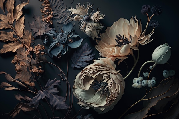 A dark background with flowers and leaves on it.