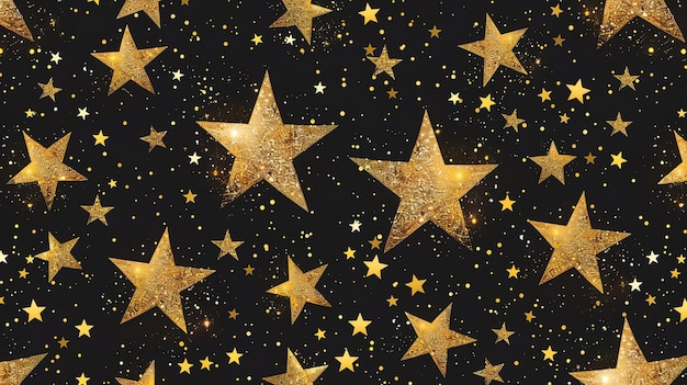 A dark background with gold glittery stars