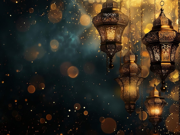 A dark background with gold lanterns hanging