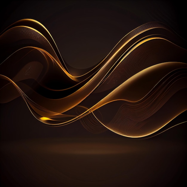 A dark background with gold waves and light trails.