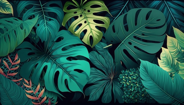 A dark background with a green leaf pattern and the words tropical