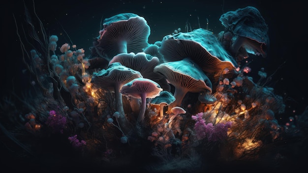 A dark background with mushrooms and a blue background.