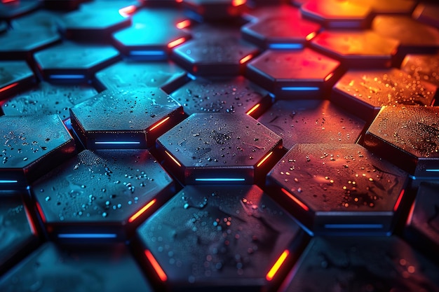 A dark background with neon blue green and red glowing hexagons arranged in an abstract pattern