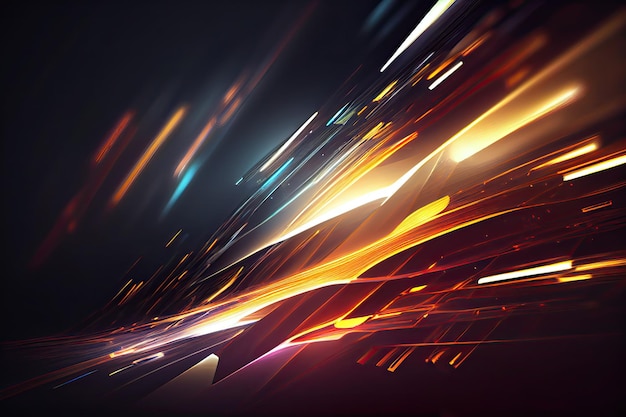 A dark background with orange and blue lines and light streaks.