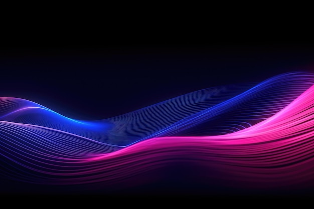 A dark background with pink and blue waves.