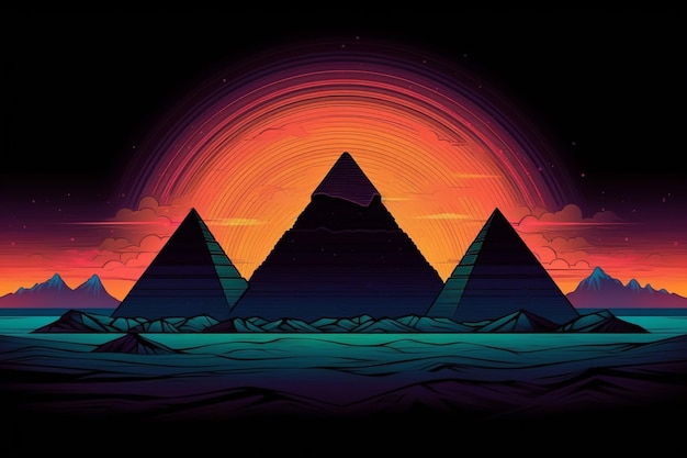 A dark background with a pyramids in the middle.