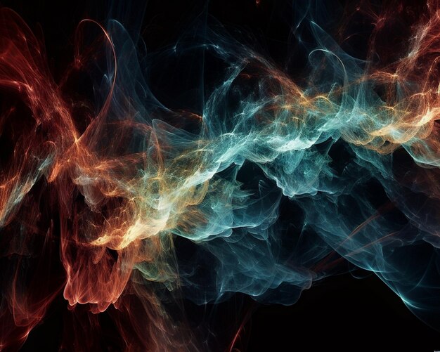 A dark background with a red and blue smoke