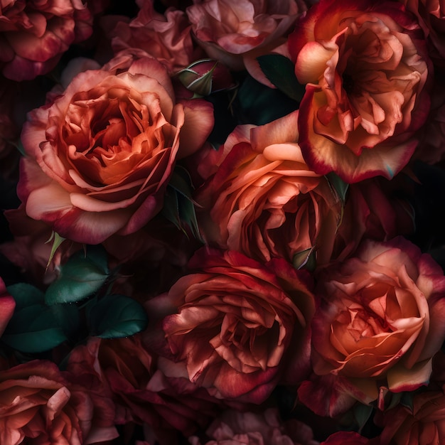 A dark background with red roses