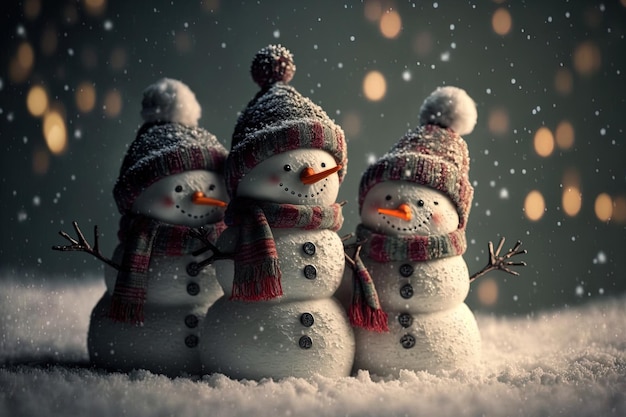 Dark background with snowmen in the snow during a snowstorm