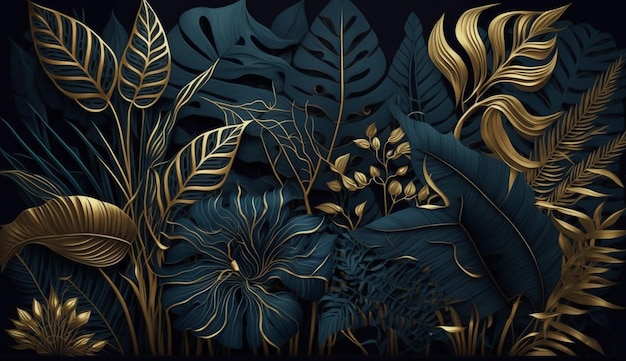 A dark background with tropical plants and leaves.