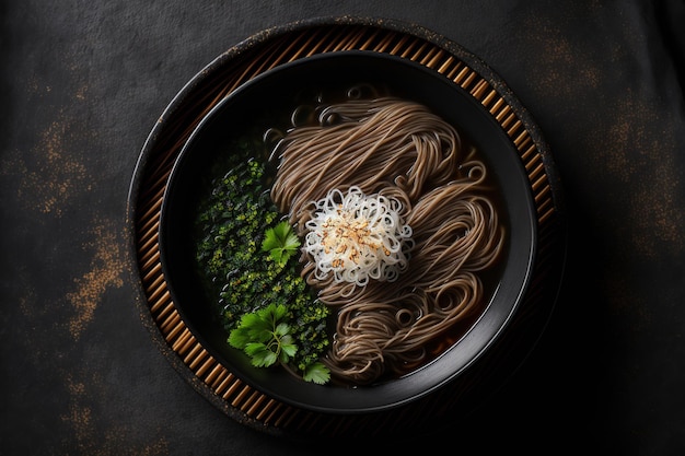 A dark background with zaru soba Noodle soup