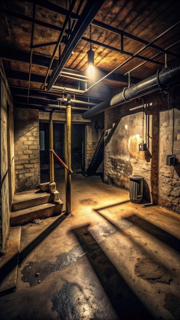 Dark basement with eerie shadows and dim lighting creating a haunting atmosphere Generative AI