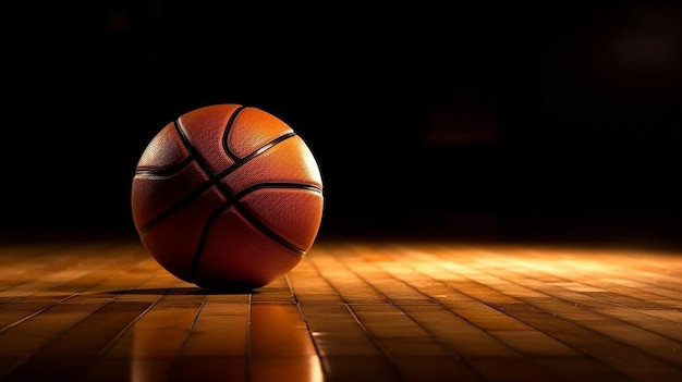 In the dark a basketball was resting on top of a hardwood floor