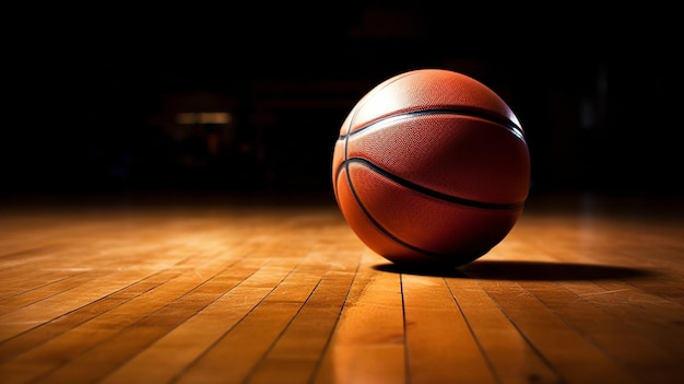 In the dark a basketball was resting on top of a hardwood floor