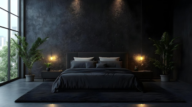 Photo dark bedroom interior design with minimalist decor 3d illustration