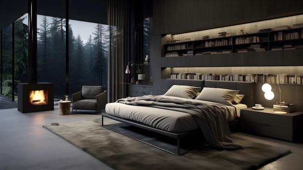 Dark bedroom interior with large bed panoramic window carpet lamps and coffee table