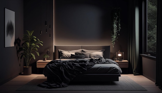 A dark bedroom with a bed and a plant on the wall