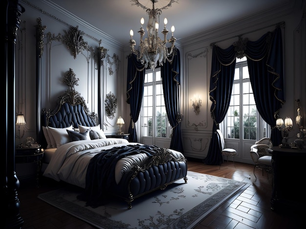 A dark bedroom with a blue and white theme.