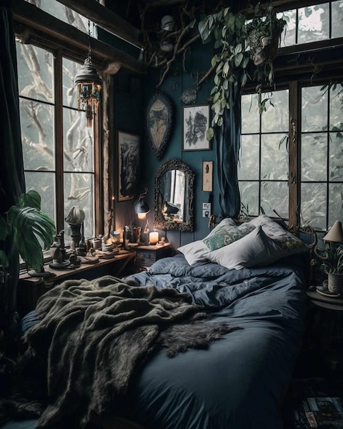 A dark bedroom with a large window and a bed with a blanket on it.