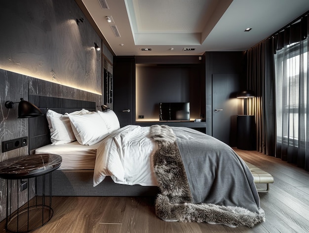 A dark bedroom with a white bed