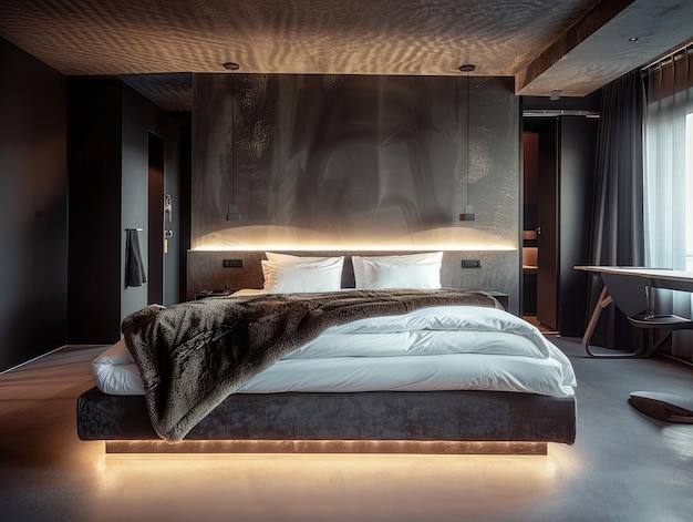 A dark bedroom with a white bed