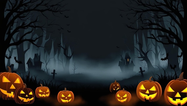 Dark Black Halloween Background with Haunted Forest and Fog