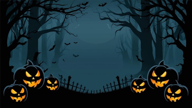 Dark black Halloween background with haunted forest and misty shadows