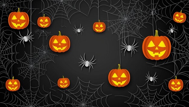 Photo dark black halloween background with spiders and jackolantern faces