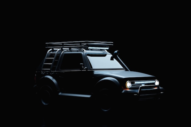 Dark black modern SUV prepared for safari on black background side view 3D illustration