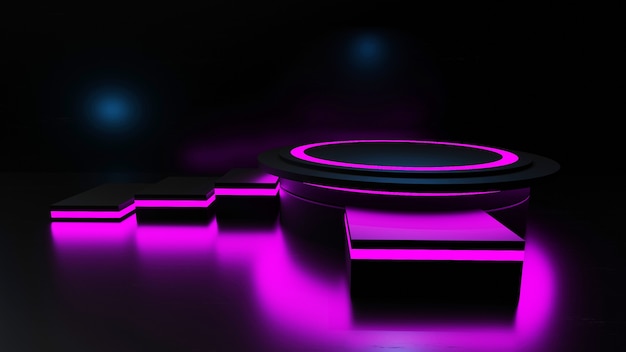 Dark black scene with podium on reflective black-pink background. Abstract 3D rendering, geometric scene and clean background for cosmetic products.