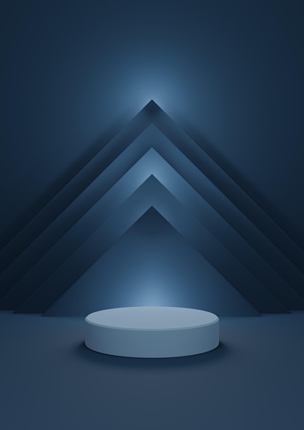 Dark blue 3D illustration minimal product display background cylinder stand abstract pyramid triangl