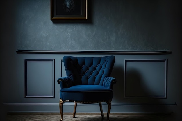 A dark blue armchair is in the room against an empty dark wall