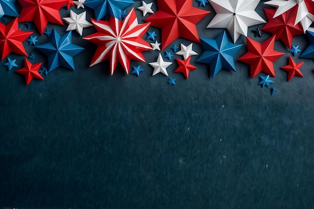 dark blue background with copy space and decorative paper star shapes July 4th