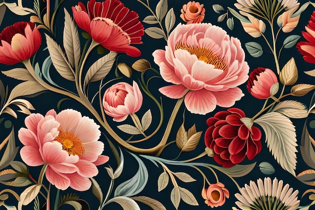 A dark blue background with a floral pattern and a red peony.