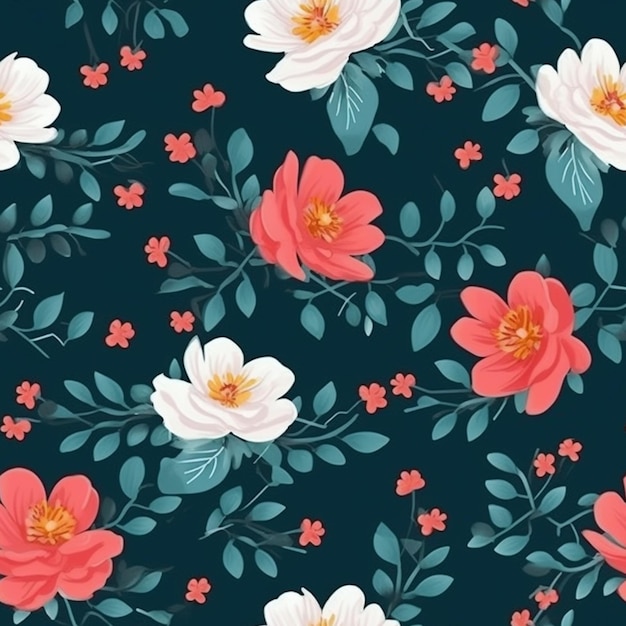 A dark blue background with a floral pattern and a red and white flower.