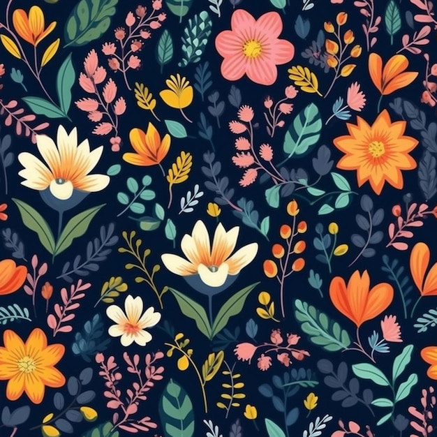 A dark blue background with a floral pattern and a yellow flower.