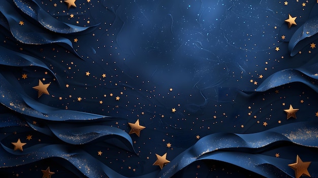 Photo dark blue background with gold stars and ribbons resembling a starry night sky