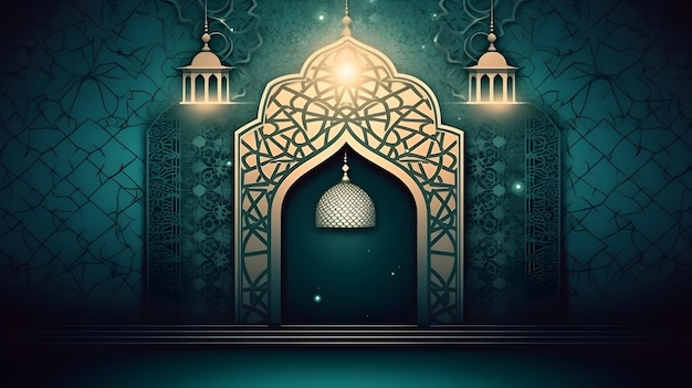 A dark blue background with a mosque and a lantern generative ai technology