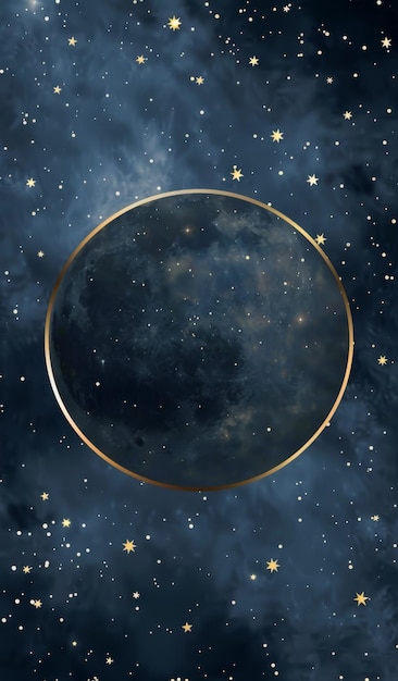 Dark blue background with white stars and moon surrounded by golden rings