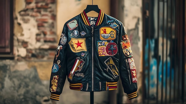 Photo a dark blue bomber jacket with colorful patches