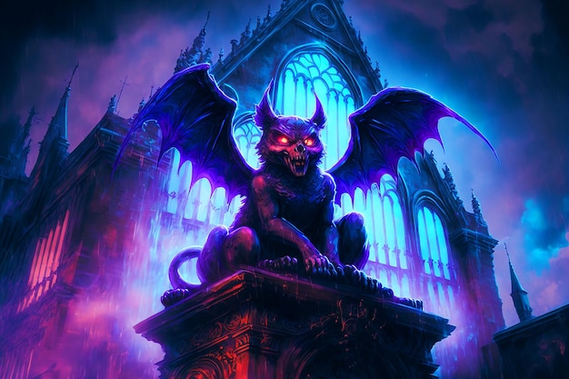 A dark blue demon sits on a ledge in front of a church.