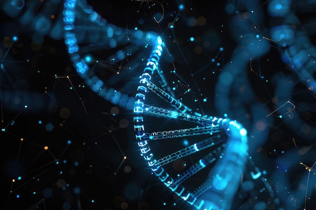 Dark blue digital background with big data code DNA transfer