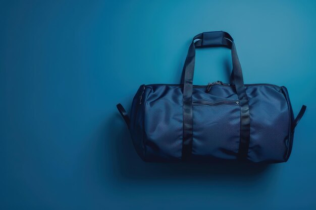 Photo dark blue duffel bag on a solid blue background in a minimalist setting