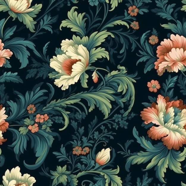 A dark blue floral pattern with a green background.